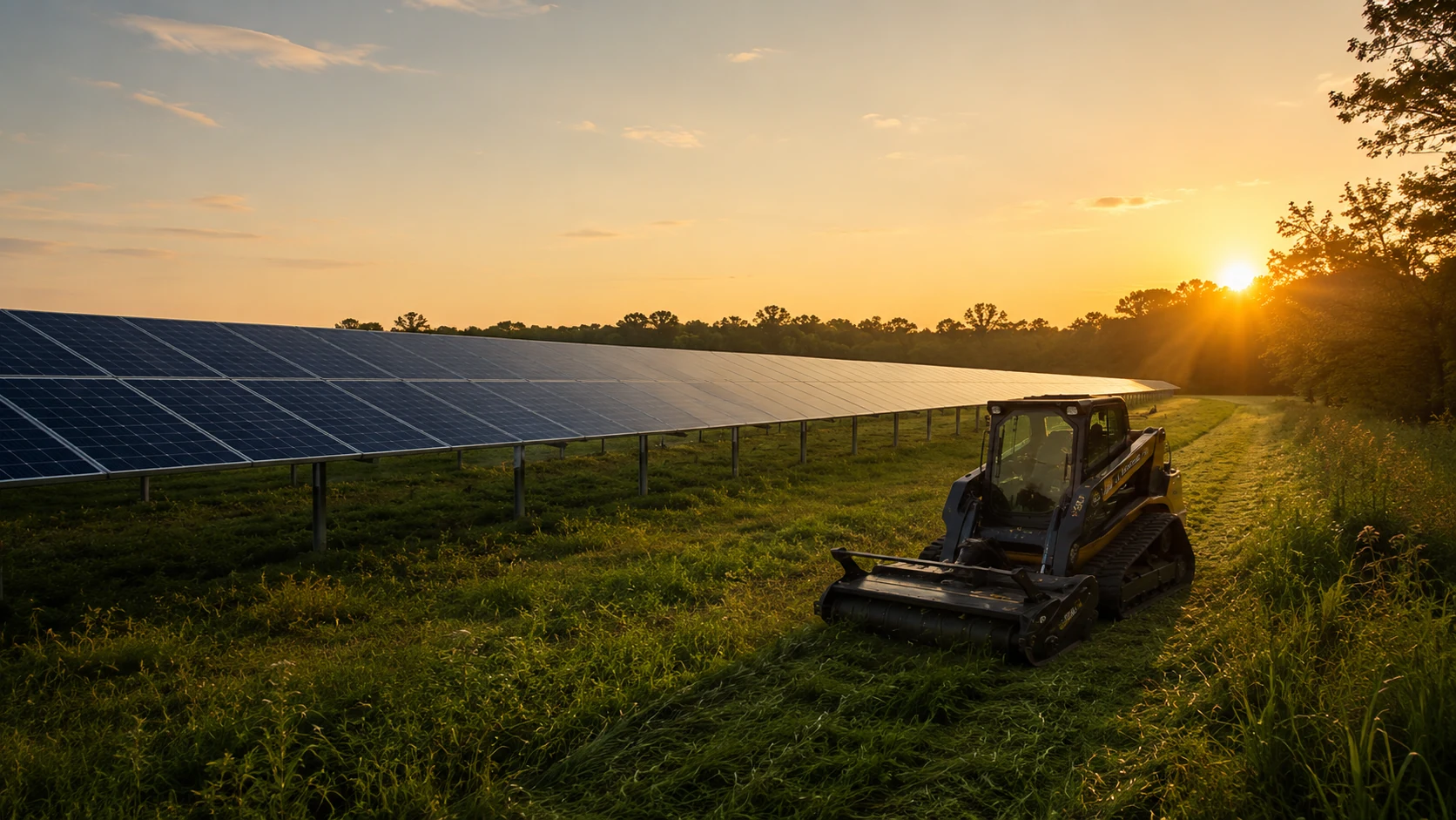 Tracked mower maintaining vegetation at a solar site