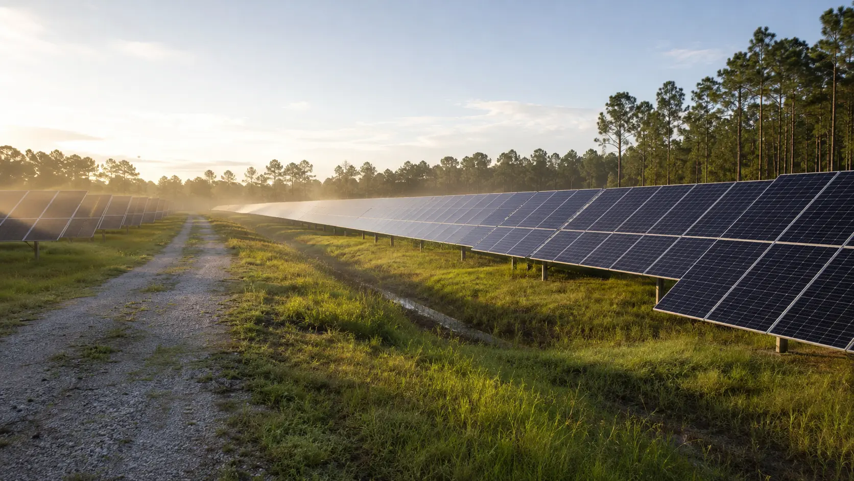 Utility-scale solar rows, access lanes, and vegetation zones in North Florida
