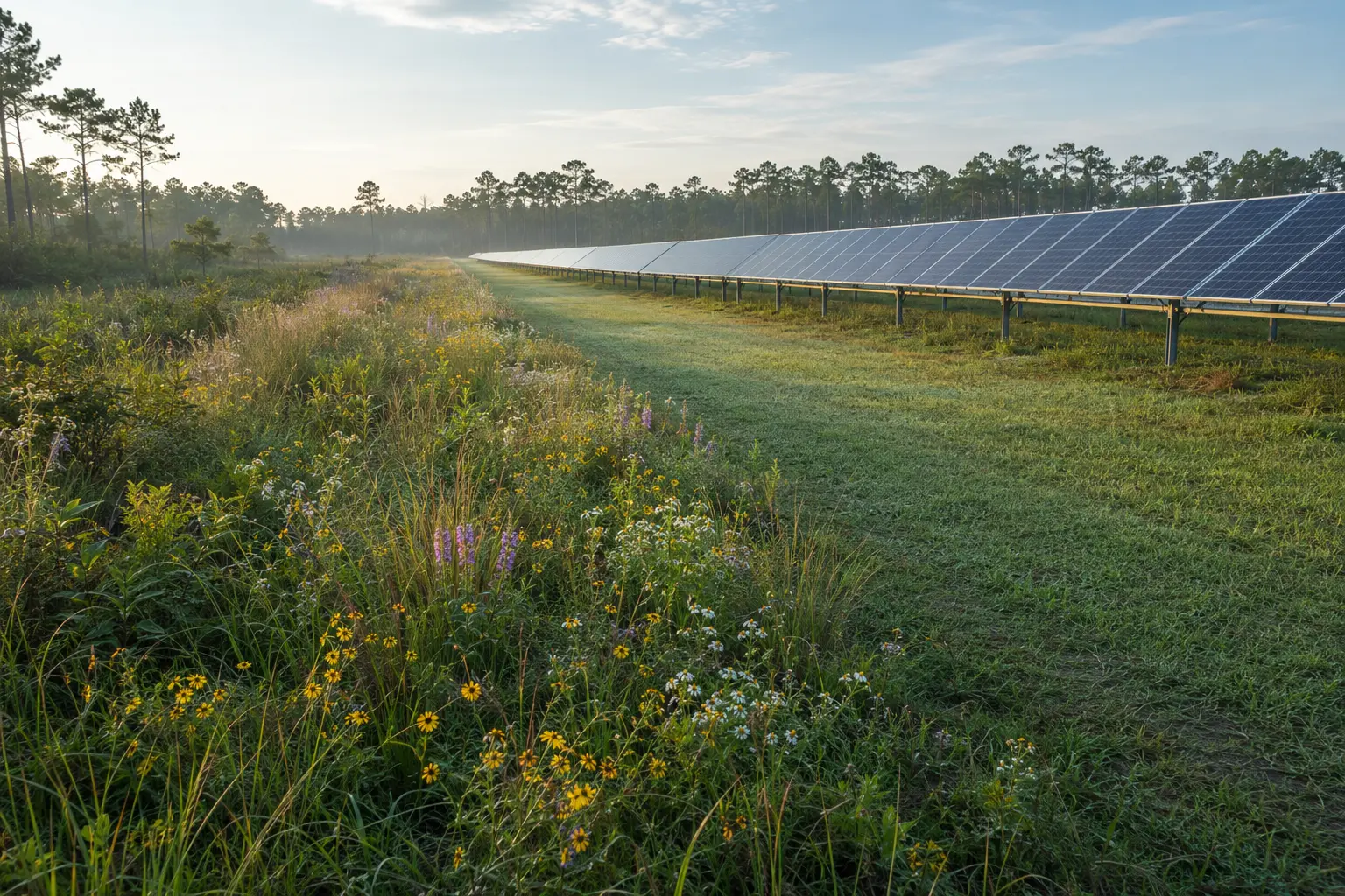 North Florida solar field with a managed access lane and native vegetation